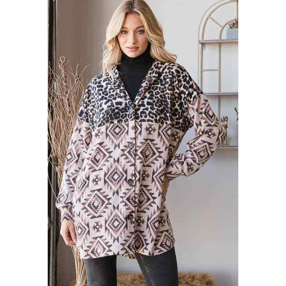EJ6720-15 AZTEC AND ANIMAL LEOPARD BUTTON DOWN SHACKET: 2-2-2 (1X-2X-3X) / BROWN - Picture 1 of 12